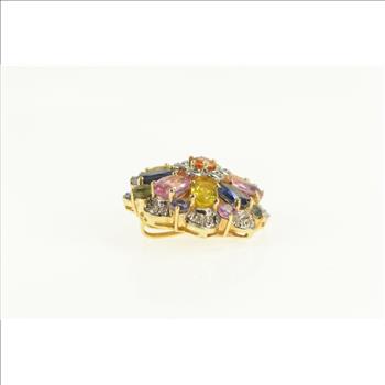 14K Round Natural Sapphire Diamond Flower Cluster Yellow Gold Pendant