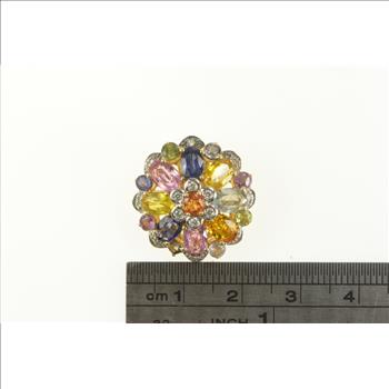 14K Round Natural Sapphire Diamond Flower Cluster Yellow Gold Pendant