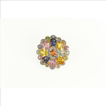 14K Round Natural Sapphire Diamond Flower Cluster Yellow Gold Pendant