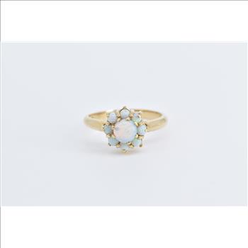 14K Round Opal Cluster Vintage Statement Yellow Gold Ring, Size 5.25