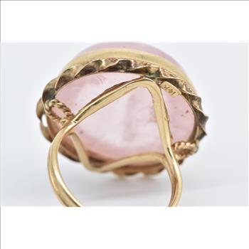 14K Round Rose Quartz Cabochon Ornate Cocktail Yellow Gold Ring, Size 7.75