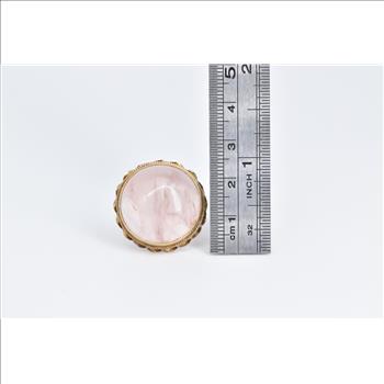 14K Round Rose Quartz Cabochon Ornate Cocktail Yellow Gold Ring, Size 7.75