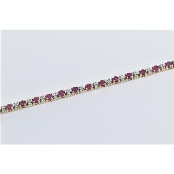 14K Round Ruby Diamond Vintage Tennis Yellow Gold Bracelet 8