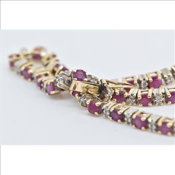 14K Round Ruby Diamond Vintage Tennis Yellow Gold Bracelet 8
