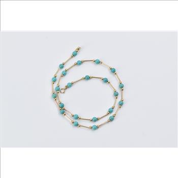 14K Round Turquoise Vintage Bar Ball Beaded Yellow Gold Necklace 17.75
