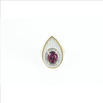 14K Rubellite Mother of Pearl Diamond Planchette Yellow Gold Ring, Size 6