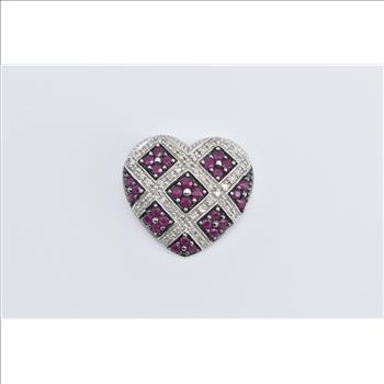 14K Ruby Diamond Checkered Pave Heart Love White Gold Pendant