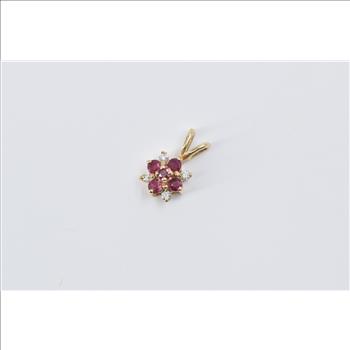 14K Ruby Diamond Flower Cluster Vintage Yellow Gold Pendant