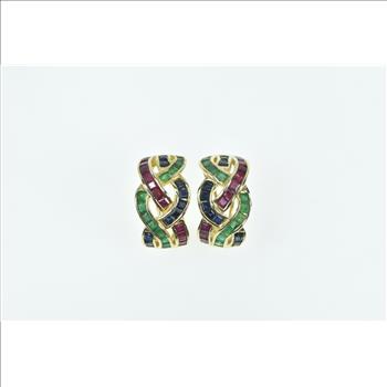 14K Ruby Emerald Sapphire Braid Woven French Clip Yellow Gold Earrings