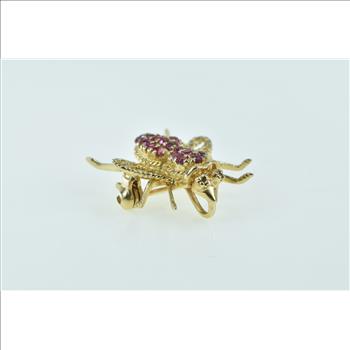 14K Ruby Encrusted Diamond Eyed Fly Insect Yellow Gold Pin/Brooch