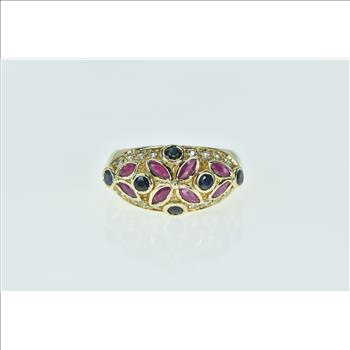 14K Ruby Flower Sapphire Diamond Statement Yellow Gold Ring, Size 7
