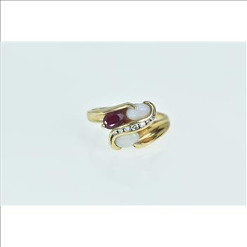 14K Ruby Opal Diamond Wavy Bypass Statement Yellow Gold Ring, Size 7.75