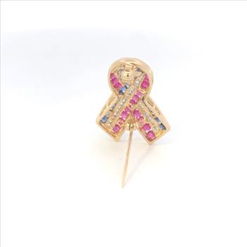 14K Ruby Sapphire Diamond Remembrance Ribbon Yellow Gold Pin/Brooch