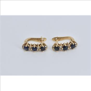 14K Sapphire Diamond Curved Bar French Clip Yellow Gold Earrings