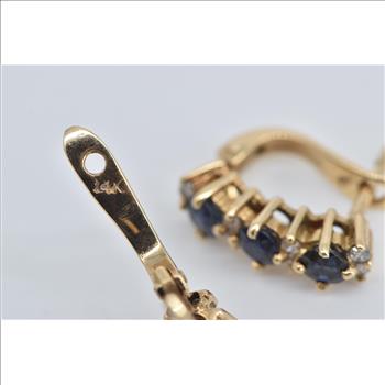 14K Sapphire Diamond Curved Bar French Clip Yellow Gold Earrings