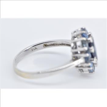 14K Sapphire Diamond Tanzanite Halo Statement White Gold Ring, Size 9