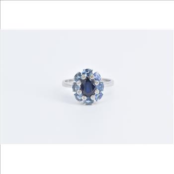 14K Sapphire Diamond Tanzanite Halo Statement White Gold Ring, Size 9