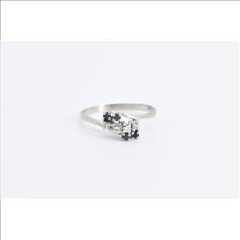 14K Sapphire Diamond Vintage Bypass Fashion White Gold Ring, Size 6.25