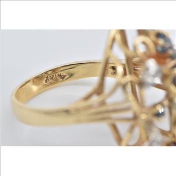 14K Sapphire Diamond Vintage Fashion Cluster Yellow Gold Ring, Size 7.5