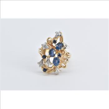 14K Sapphire Diamond Vintage Fashion Cluster Yellow Gold Ring, Size 7.5
