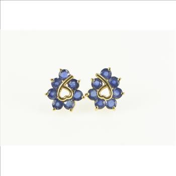14K Sapphire Heart Loop Cluster Stud Yellow Gold Earrings
