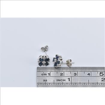 14K Sapphire Natural Diamond Flower Cluster Stud White Gold Earrings