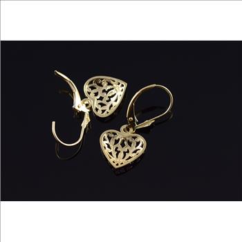 14K Scroll Fancy Filigree Heart Lever Back Dangle Yellow Gold Earrings