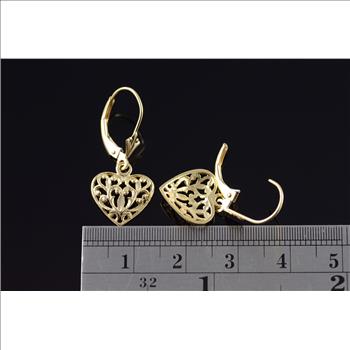 14K Scroll Fancy Filigree Heart Lever Back Dangle Yellow Gold Earrings