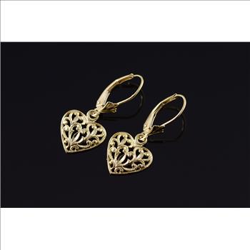 14K Scroll Fancy Filigree Heart Lever Back Dangle Yellow Gold Earrings