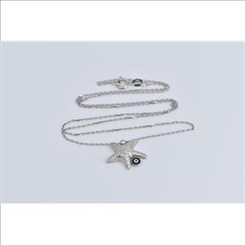 14K Sea Star Fish Enamel Nazar Cable Chain White Gold Necklace 17.25