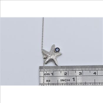 14K Sea Star Fish Enamel Nazar Cable Chain White Gold Necklace 17.25