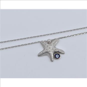 14K Sea Star Fish Enamel Nazar Cable Chain White Gold Necklace 17.25