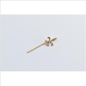 14K Seed Pearl Fleur De Lis Ornate Statement Yellow Gold Stick Pin