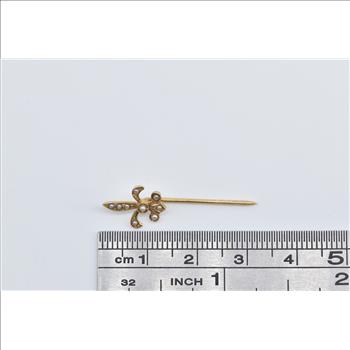14K Seed Pearl Fleur De Lis Ornate Statement Yellow Gold Stick Pin