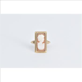 14K Square Carved Shell Cameo Vintage Statement Yellow Gold Ring, Size 9.25