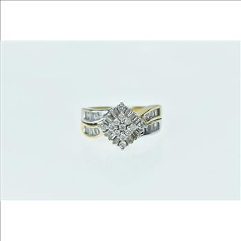 14K Square Cluster Diamond Baguette Vintage Yellow Gold Ring, Size 7