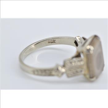 14K Square Cut Fossil Art Deco Unique Statement White Gold Ring, Size 5.5