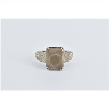 14K Square Cut Fossil Art Deco Unique Statement White Gold Ring, Size 5.5