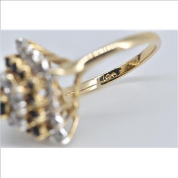 14K Square Sapphire Natural Diamond Halo Cluster Yellow Gold Ring, Size 6.75