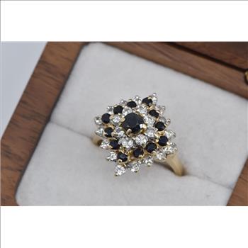 14K Square Sapphire Natural Diamond Halo Cluster Yellow Gold Ring, Size 6.75