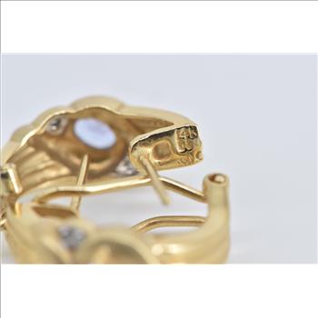 14K Tanzanite Diamond French Clip Hoop Yellow Gold Earrings