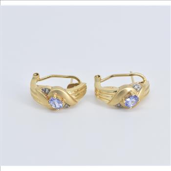 14K Tanzanite Diamond French Clip Hoop Yellow Gold Earrings