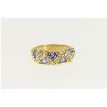 14K Tanzanite Diamond Zig Zag Band Yellow Gold Ring, Size 7