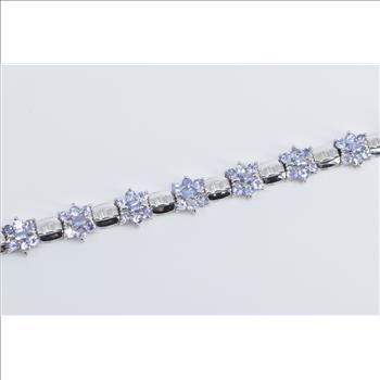 14K Tanzanite Flower Cluster Bar Link Fashion White Gold Bracelet 7.5