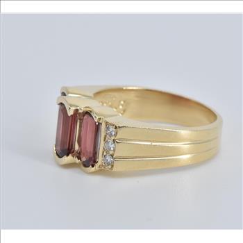 14K Three Stone Garnet Natural Diamond Statement Yellow Gold Ring, Size 6.5