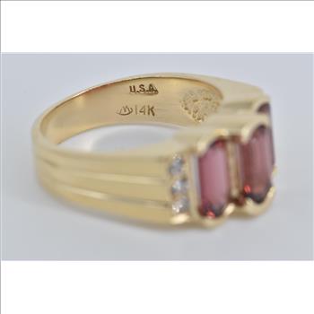 14K Three Stone Garnet Natural Diamond Statement Yellow Gold Ring, Size 6.5