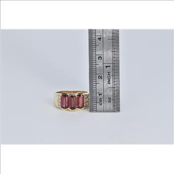 14K Three Stone Garnet Natural Diamond Statement Yellow Gold Ring, Size 6.5