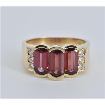 14K Three Stone Garnet Natural Diamond Statement Yellow Gold Ring, Size 6.5