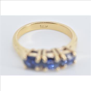 14K Three Stone Natural Sapphire Vintage Yellow Gold Ring, Size 4.5