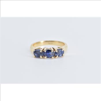 14K Three Stone Natural Sapphire Vintage Yellow Gold Ring, Size 4.5